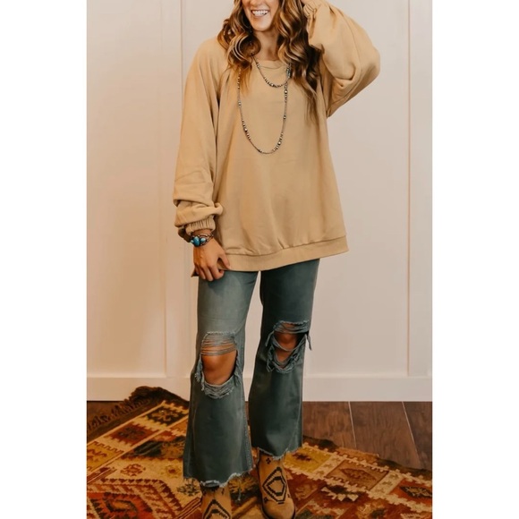 POL Mocha Criss Cross Back Slouchy French Terry Pullover - Picture 2 of 12